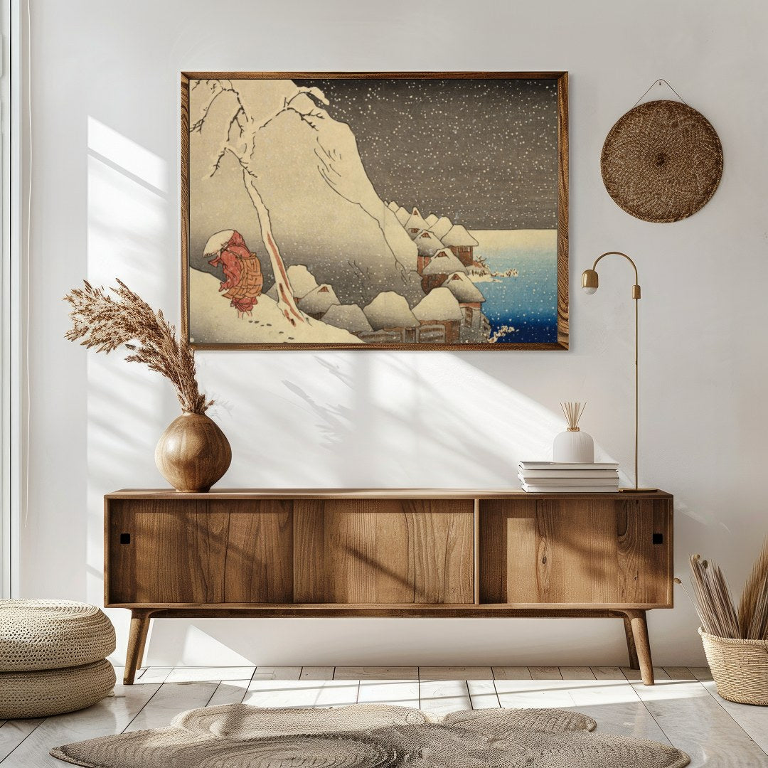 Experience the serene beauty of a snowy Edo-period village with this stunning piece of wall art. for Sitting Area