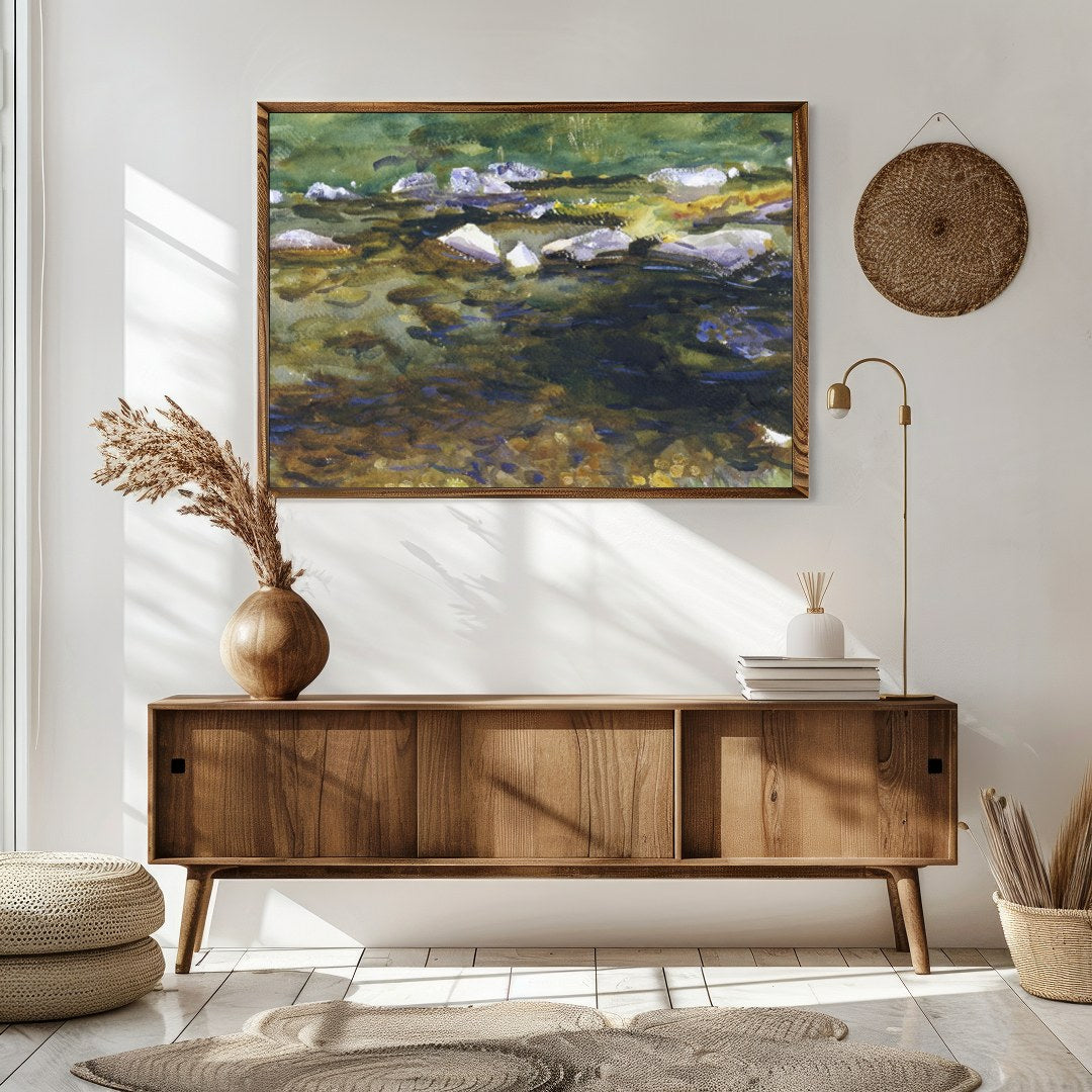 This captivating watercolor painting captures the serene beauty of a meandering stream at dusk. for Sitting Area