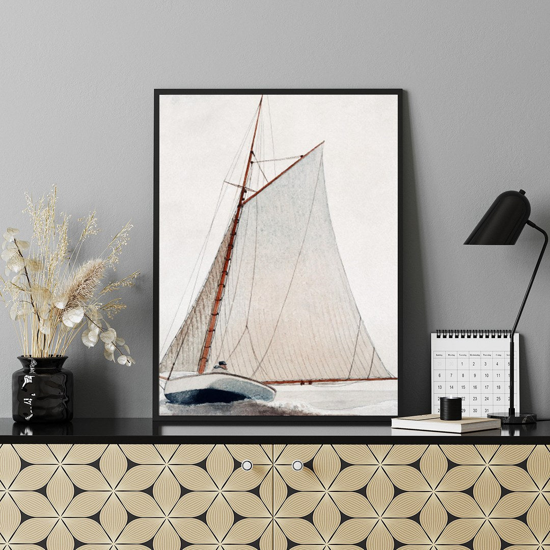 Discover the serene beauty of 'Tranquil Voyage,' an exquisite piece capturing a classic sailboat for Shelf