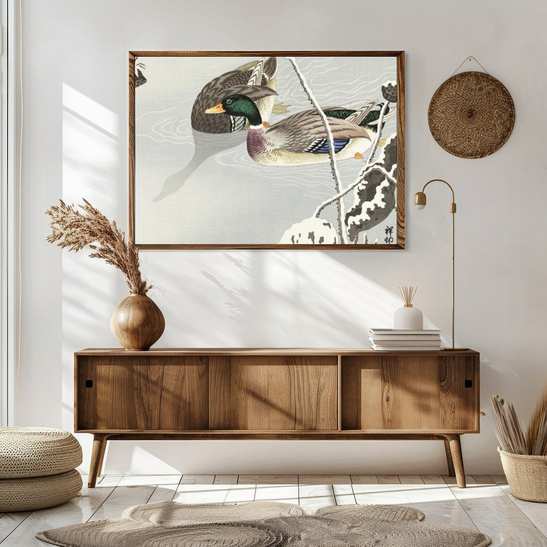 This serene artwork captures the elegance of a pair of ducks gliding across a misty pond, exuding a for Sitting Area