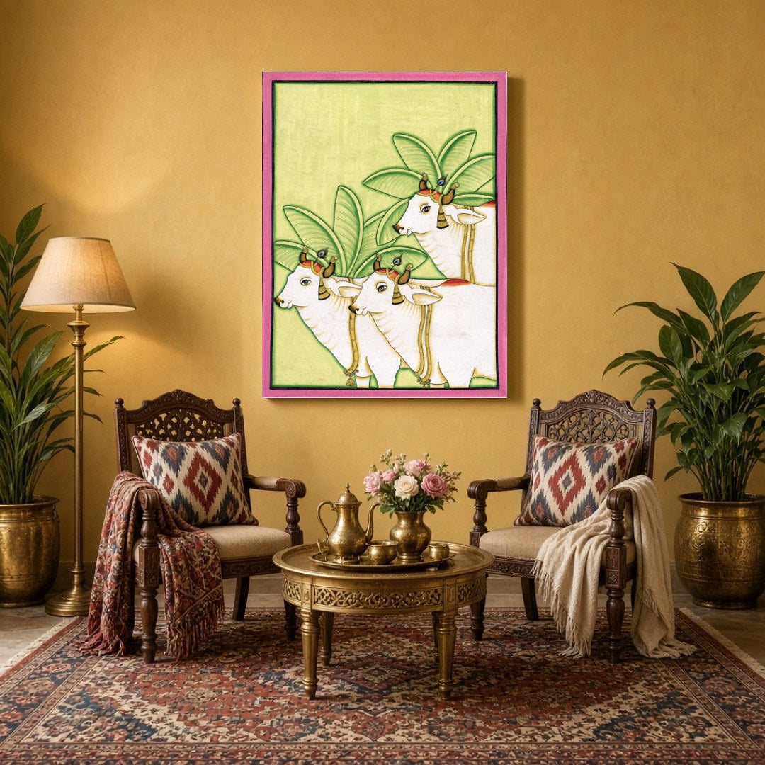 Discover the serene elegance of the Pichwai art tradition with this captivating depiction of three for Sitting Area