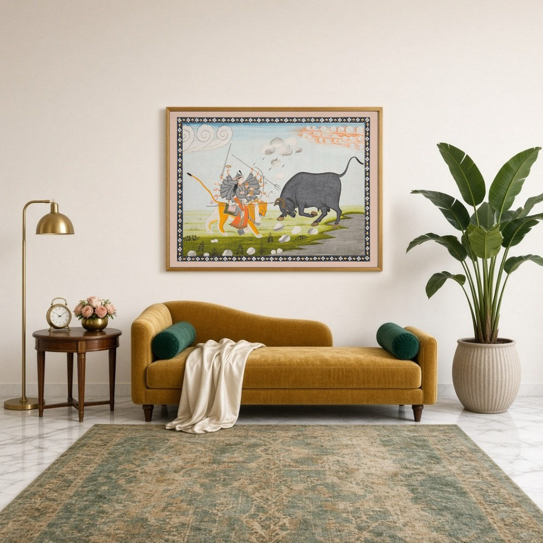 Capture the essence of divine triumph with this exquisite Mughal art print depicting Goddess Durga for Sitting Lounge
