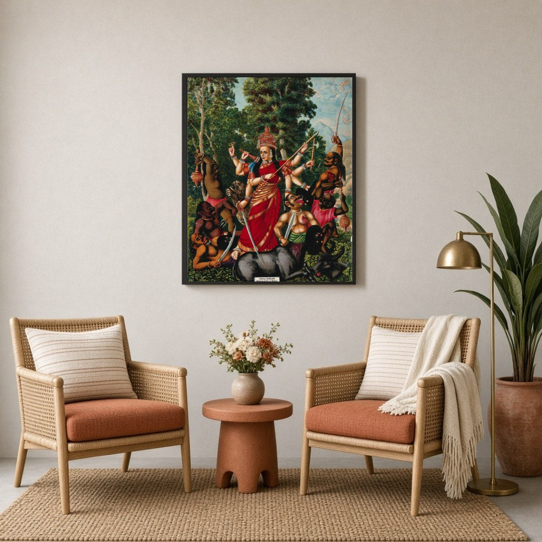 Experience the dynamic portrayal of Goddess Durga in her victory over Mahishasura, the buffalo for Sitting Lounge