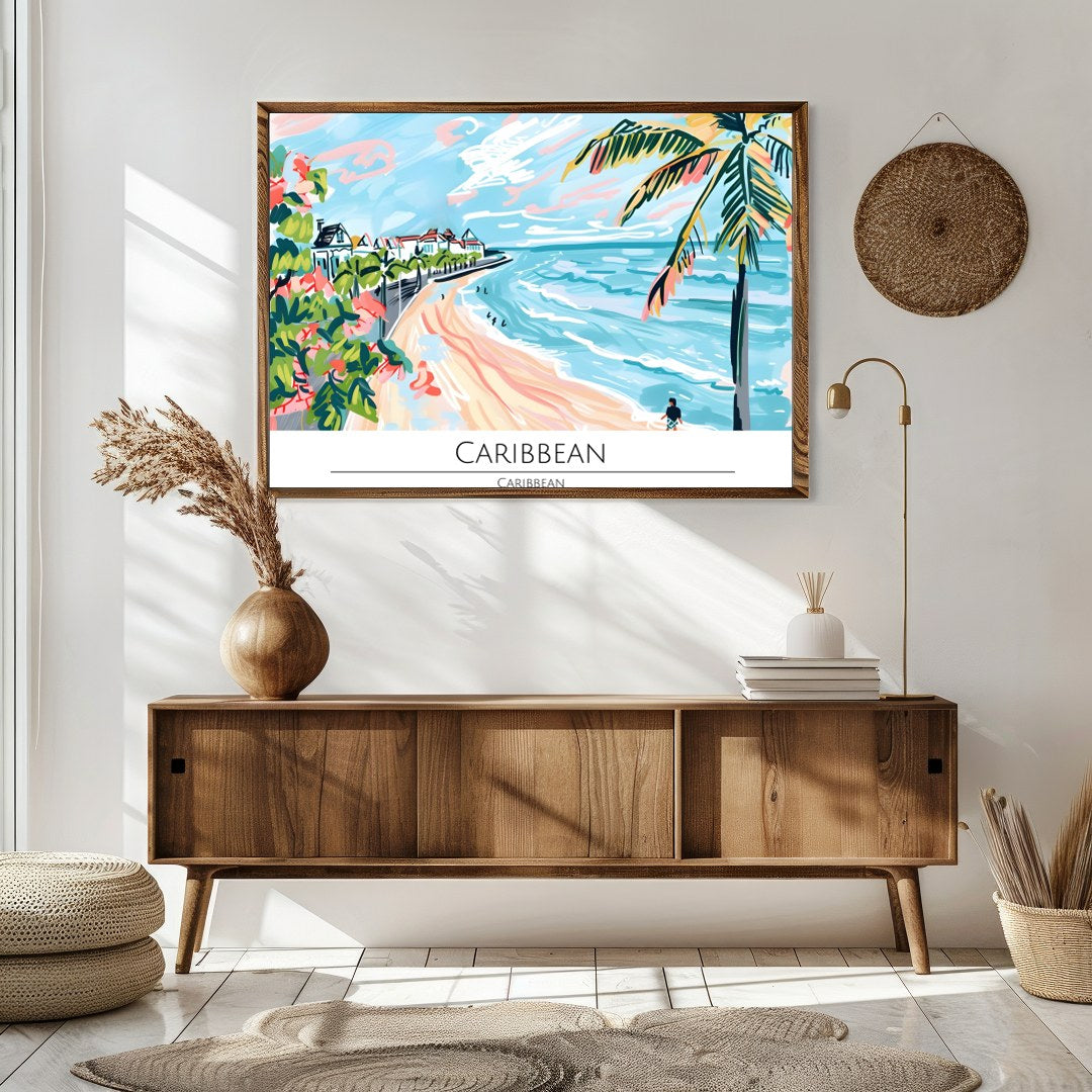 Evoke the essence of a sun-drenched Caribbean coastline with this vibrant wall art. Featuring palm for Sitting Area