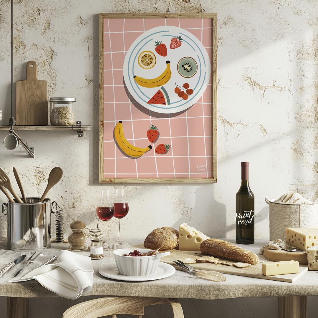 This vibrant and refreshing poster presents an artistic arrangement of various tropical fruits on a… for kitchen