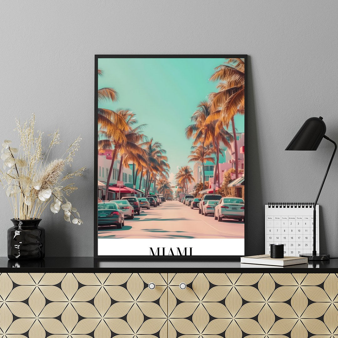 Capture the vibrant essence of Miami with this stunning wall art, showcasing palm-lined streets for Shelf