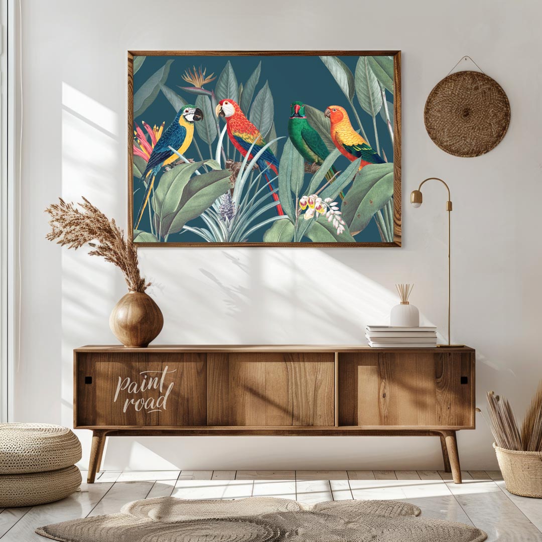 This vibrant and lush illustration captures a lively gathering of four colorful parrots amidst a ri… for living room