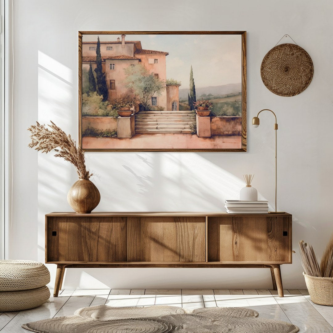 Embrace the serene beauty of Tuscany with this captivating artwork, featuring a sun-dappled villa for Sitting Area