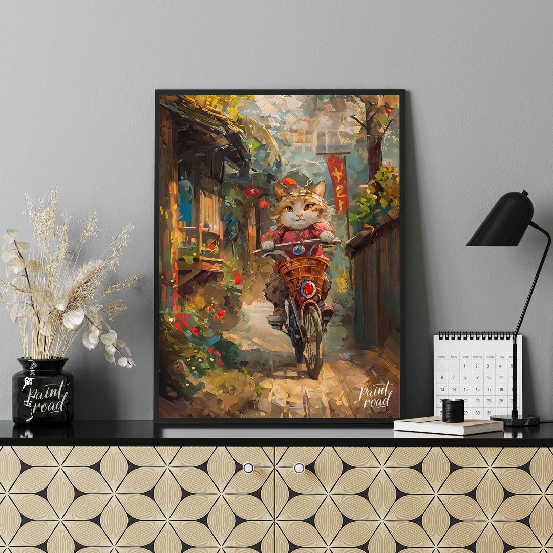 This vibrant digital painting portrays a curious cat, sporting a red outfit and a small hat, riding… for office