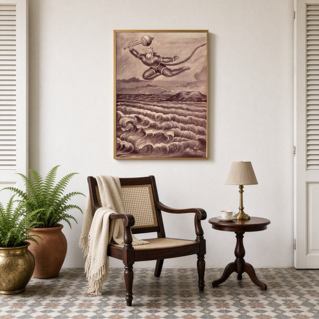Capture the essence of courage and devotion with this stunning artwork of Lord Hanuman making his for Sitting Lounge