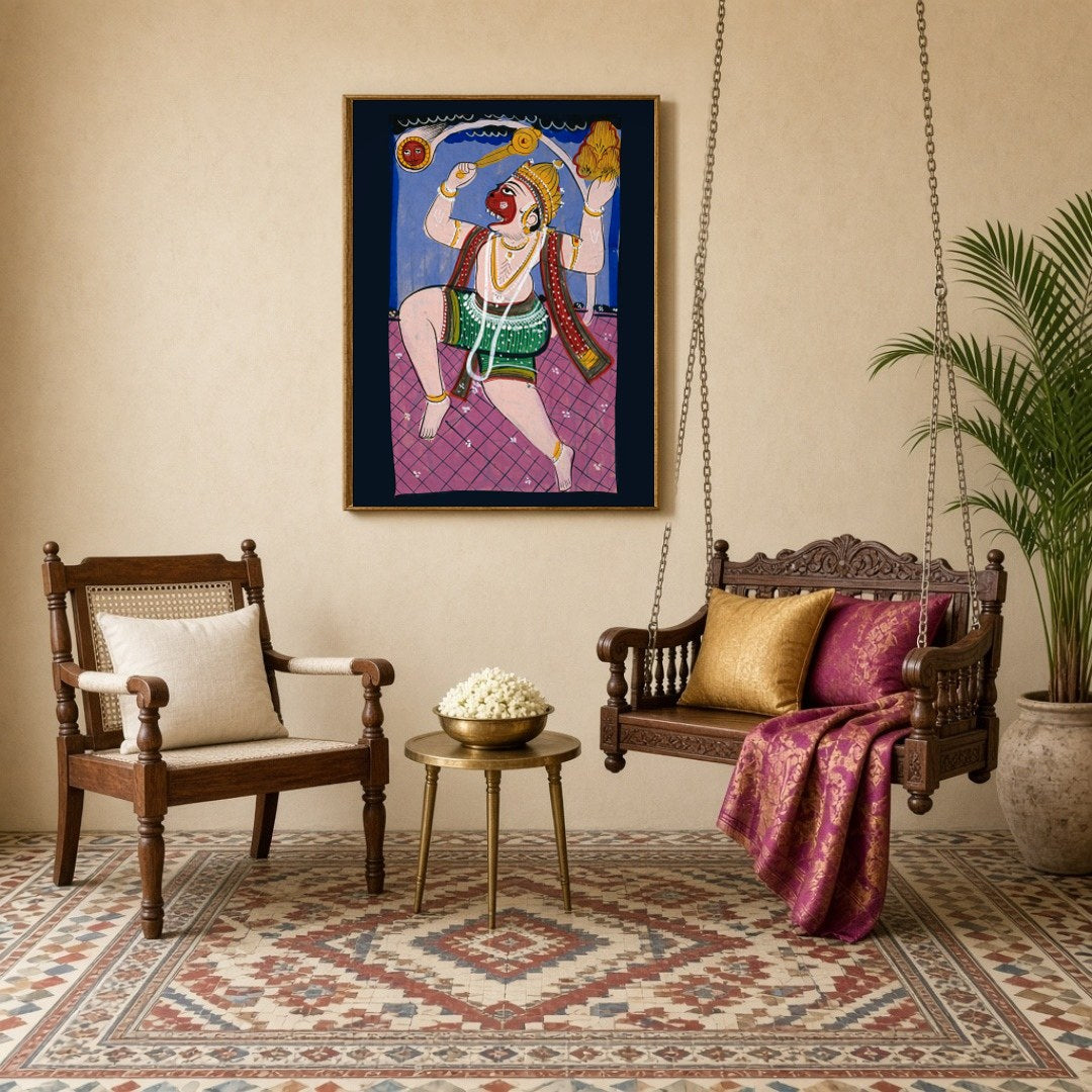 Celebrate the valor and devotion of Lord Hanuman with this vibrant Phad artwork, beautifully for Sitting Lounge