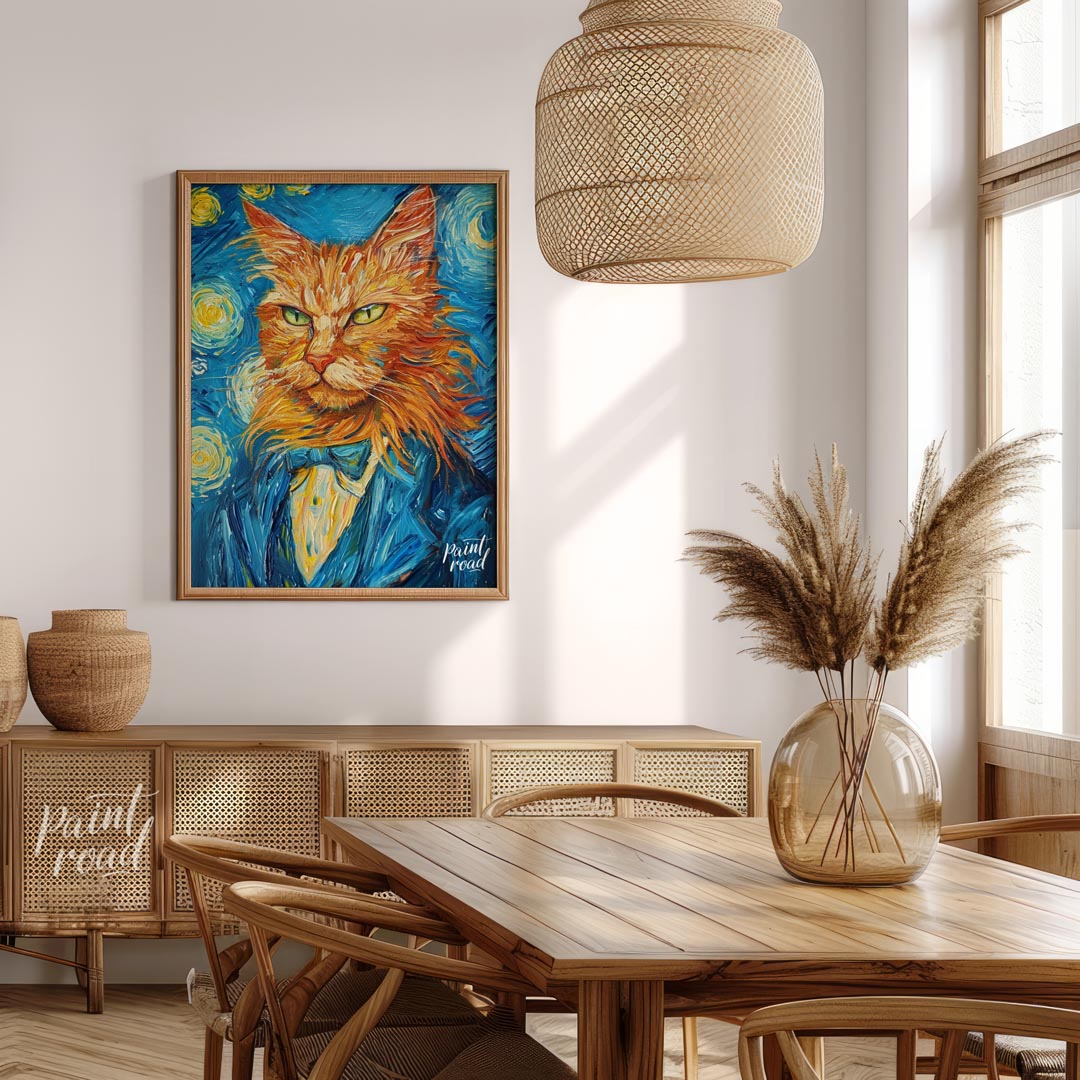 This striking oil painting reimagines a ginger cat in the iconic style of Vincent van Gogh's "The S… for dining room