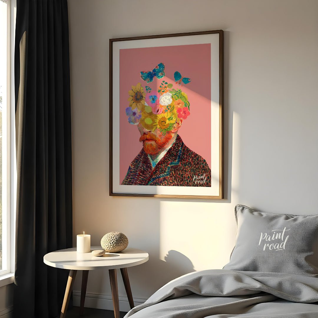 This artwork presents a unique and whimsical take on Vincent van Gogh’s self-portrait, blending his… for bedroom