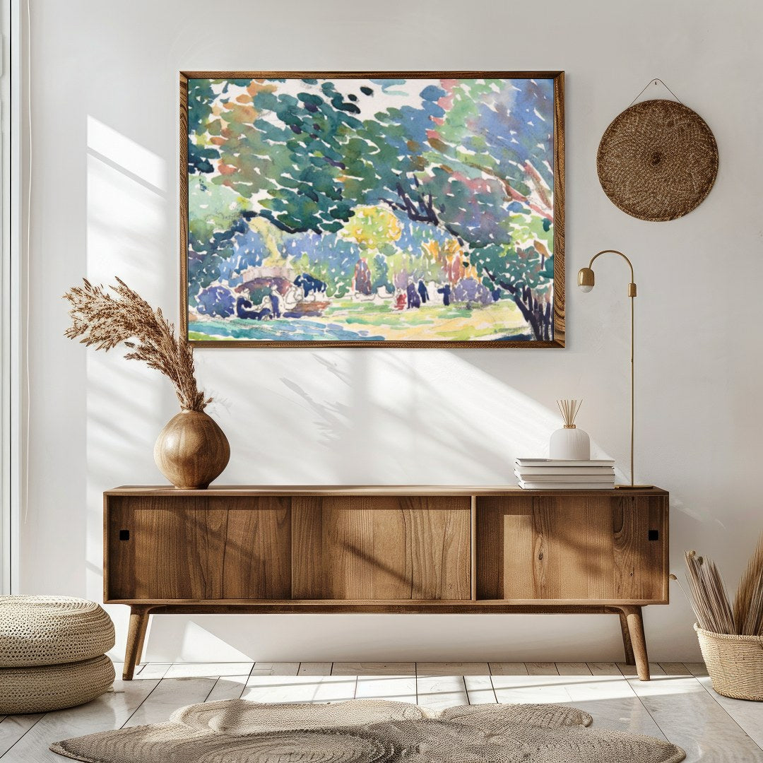 Immerse yourself in the serene beauty of nature with this vibrant watercolor landscape. The fluid for Sitting Area