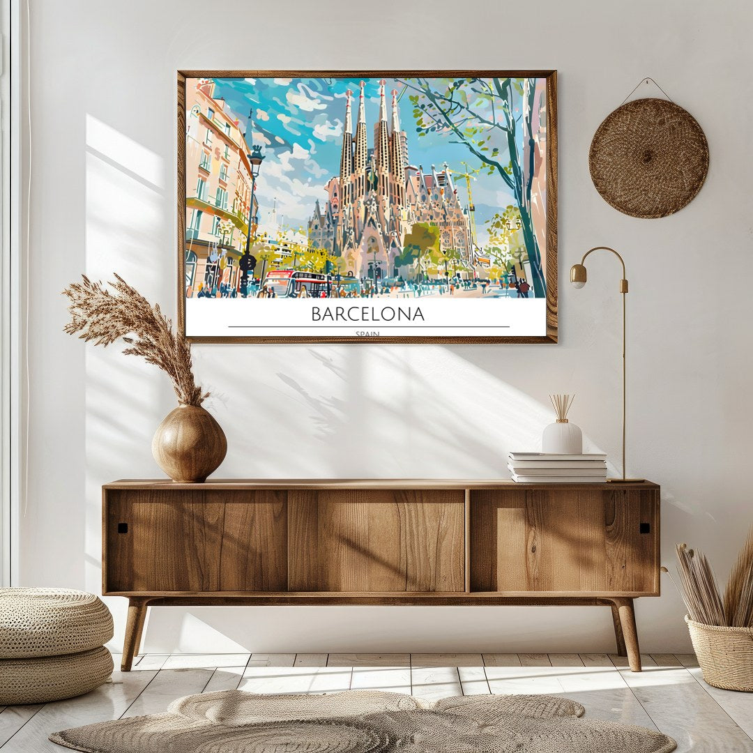 Immerse yourself in the vibrant cityscape of Barcelona with this captivating artwork, featuring the for Sitting Area