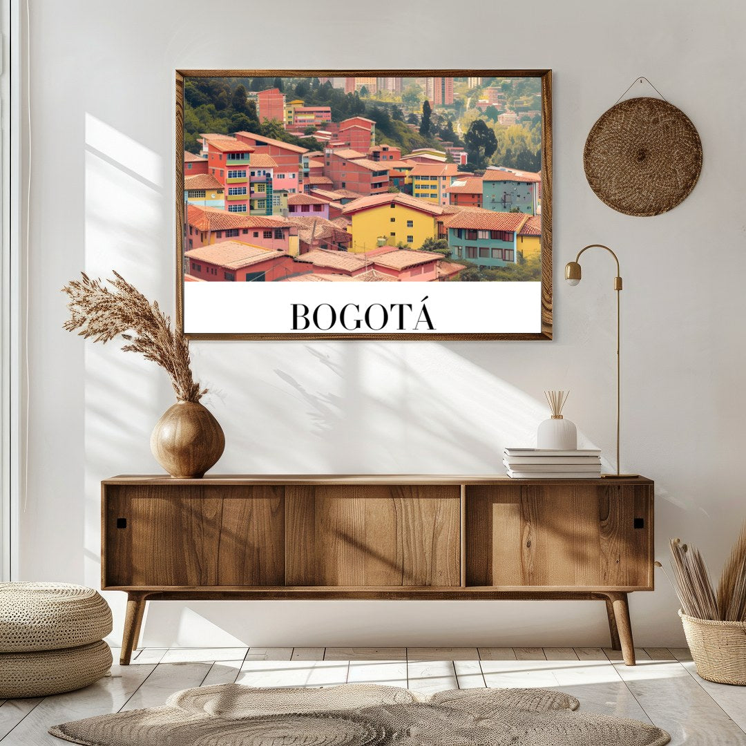 Capture the essence of Bogotá with this stunning art print showcasing a colorful cityscape against for Sitting Area
