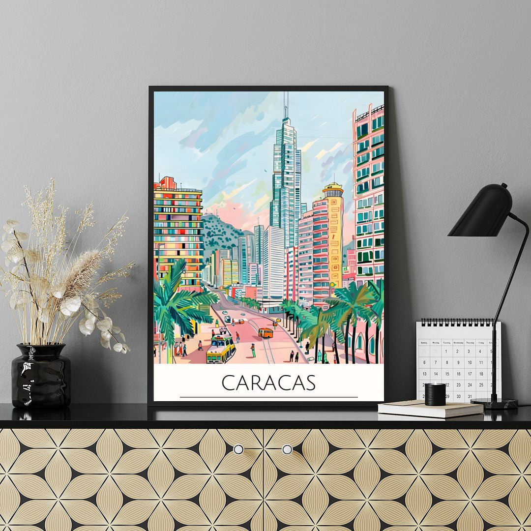 Experience the bustling energy of Caracas with this colorful cityscape illustration. Featuring for Shelf