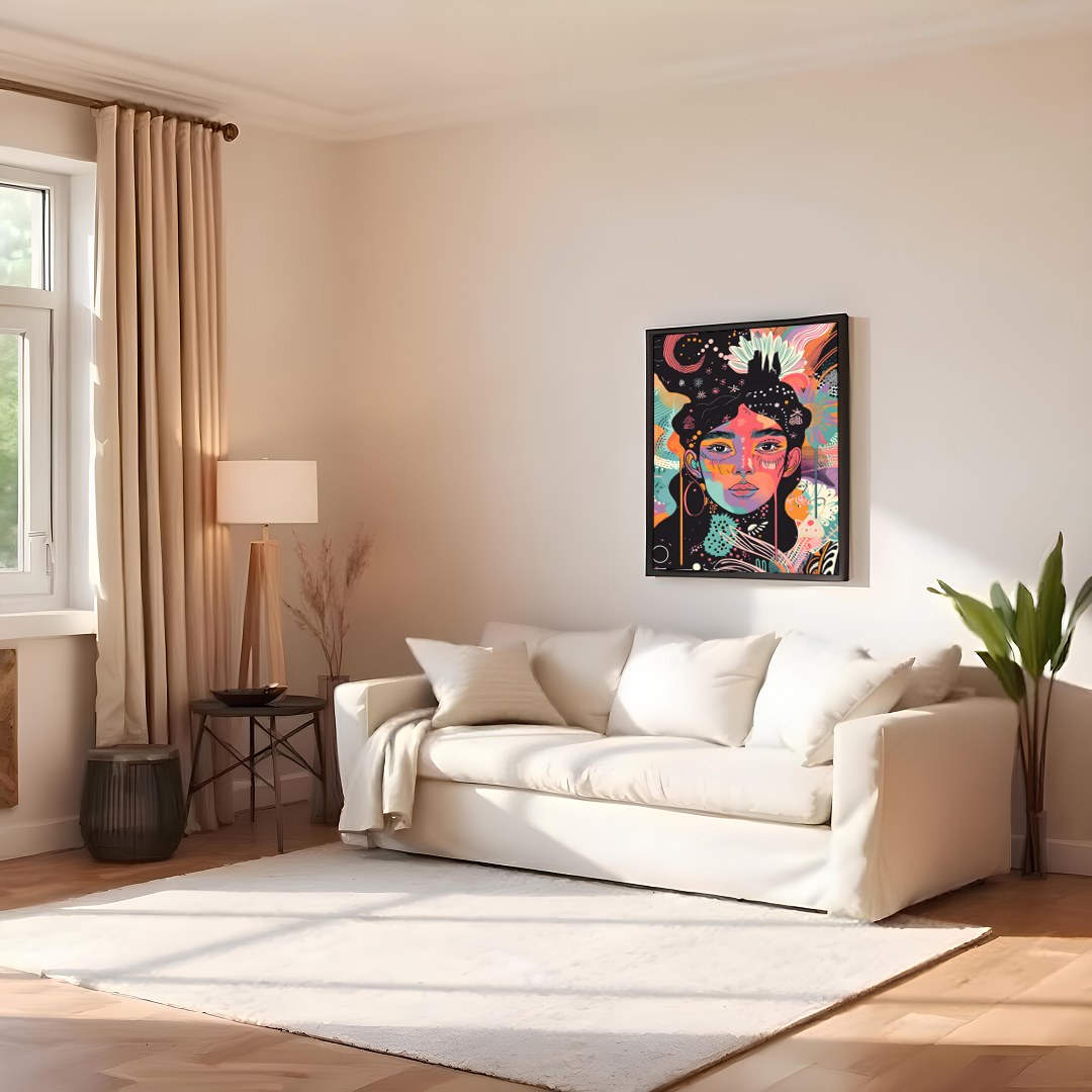 Immerse yourself in a kaleidoscope of colors with this captivating abstract portrait. Perfect for for Family Room