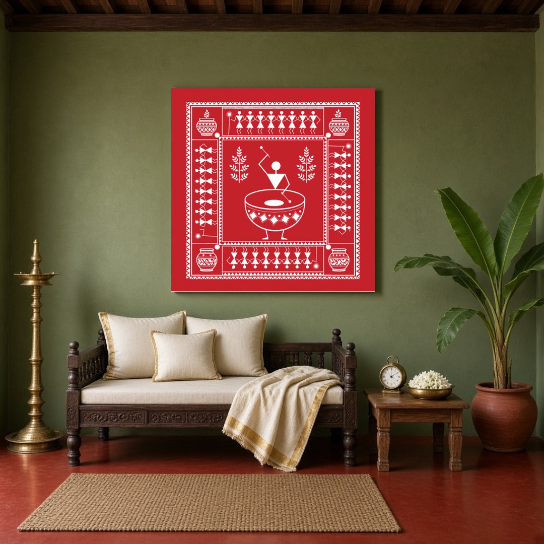 Immerse yourself in the rhythmic beats of village life with this captivating Warli art print. With for Sitting Area