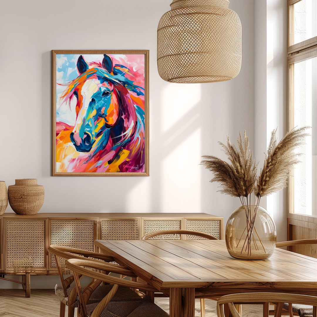 This stunning piece captures the dynamic spirit of a horse through vibrant, bold brushstrokes. The for Extra Kitchen