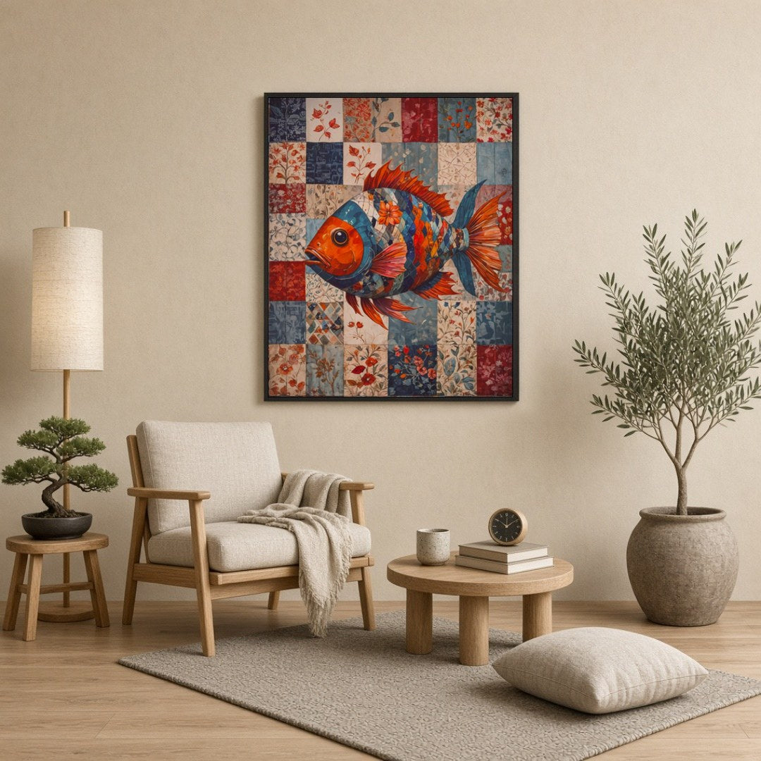 Dive into a world of color with this striking art print, featuring a vibrant fish composed of for Reading Nook