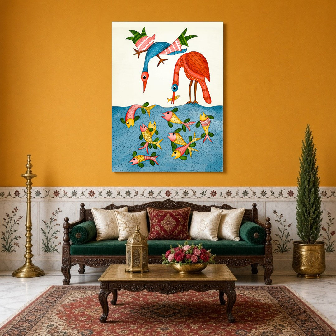 Immerse yourself in the enchanting world of Gond art with this vibrant and intricately detailed for Sitting Area