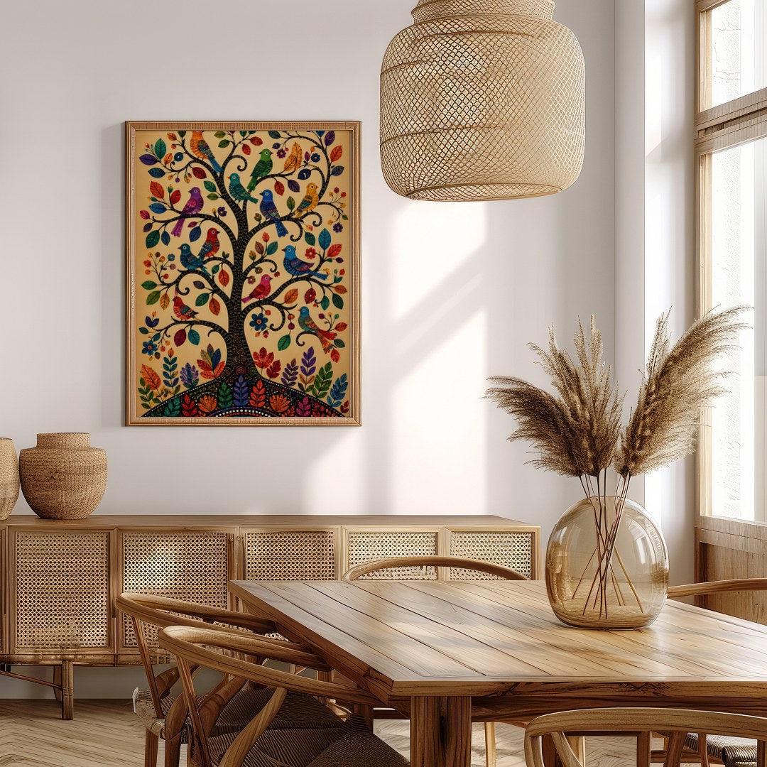 This captivating artwork showcases a tree adorned with colorful birds, each leaf and feather for Extra Kitchen