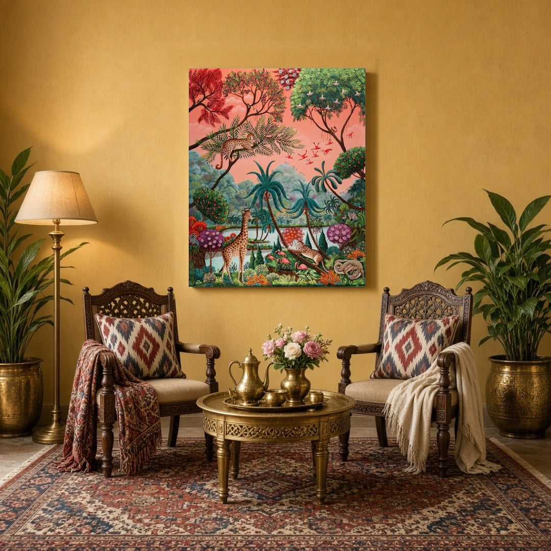 Immerse yourself in the enchanting world of exotic wildlife with this Gond-style artwork. Featuring for Sitting Area