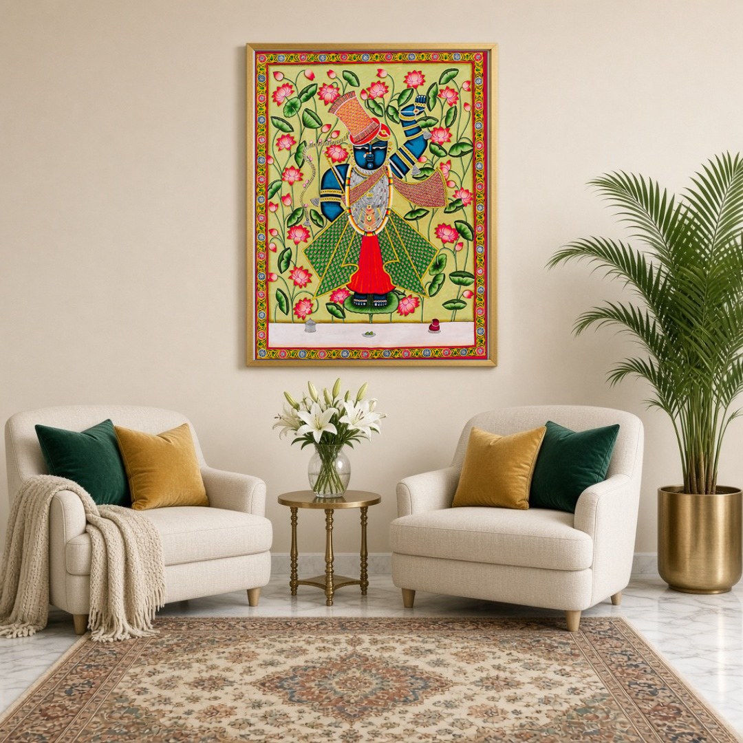Immerse yourself in the vibrant serenity of this Pichwai artwork featuring Lord Shrinathji for Sitting Lounge