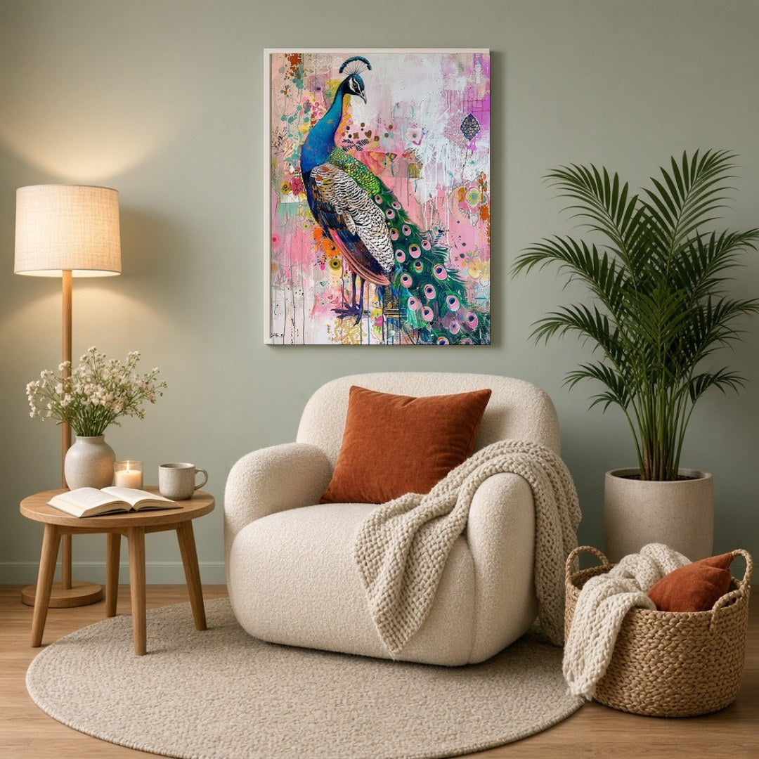 This striking art print captures the regal beauty of a peacock amidst a lively abstract garden. The for Reading Nook