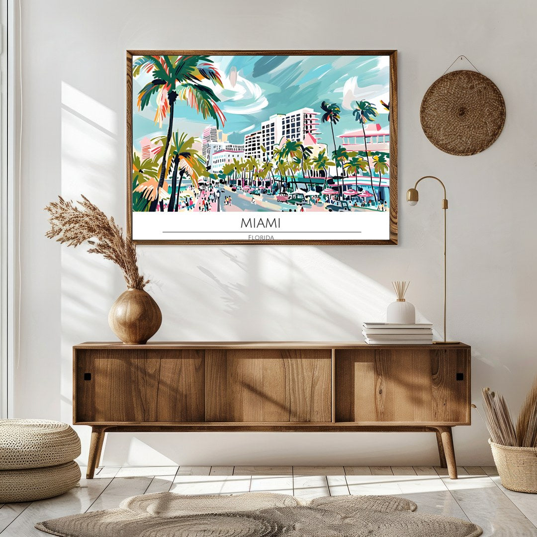 Immerse yourself in the lively spirit of Miami with this captivating beachscape print. The artwork for Sitting Area