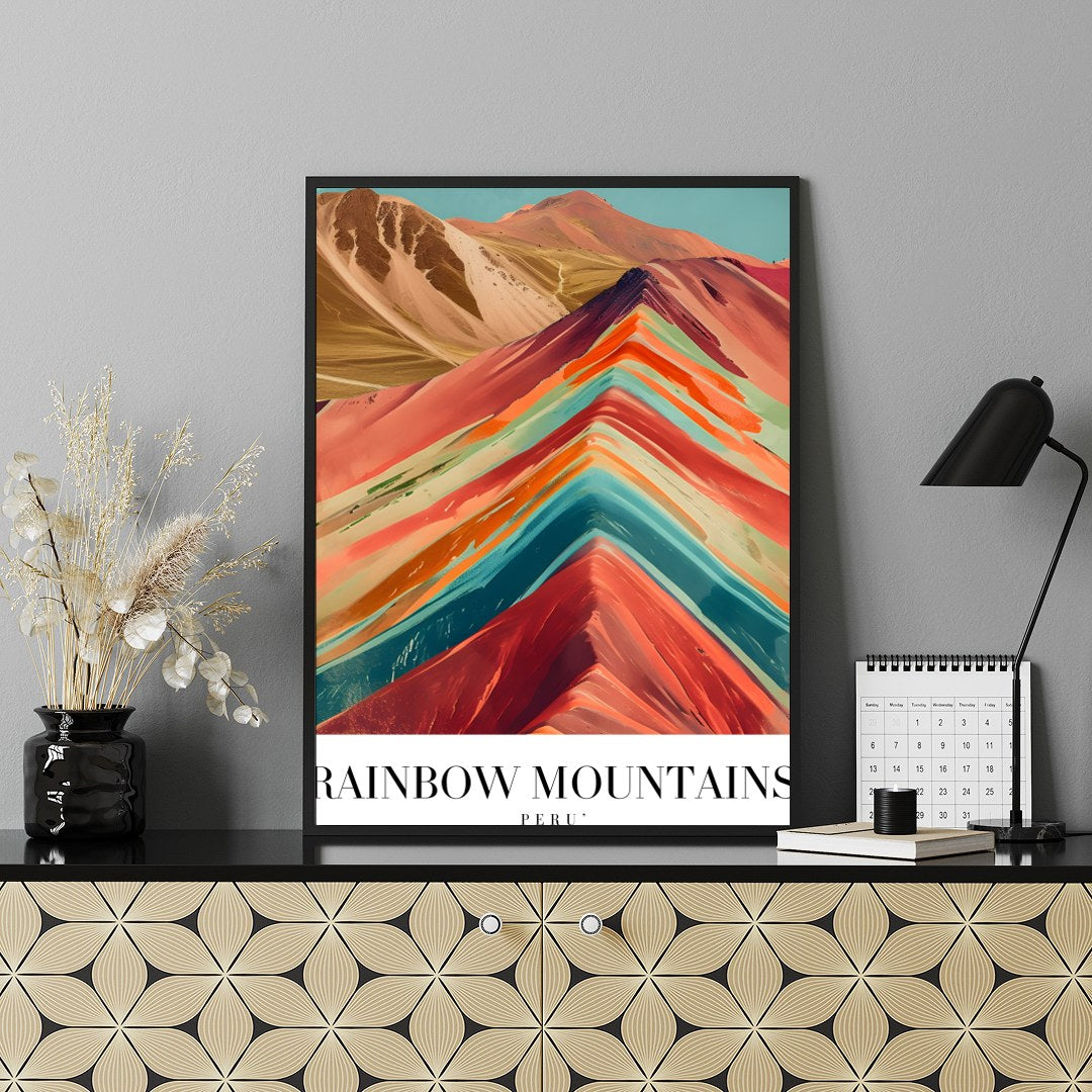 Immerse yourself in the captivating hues of the Rainbow Mountains with this stunning piece. The for Shelf