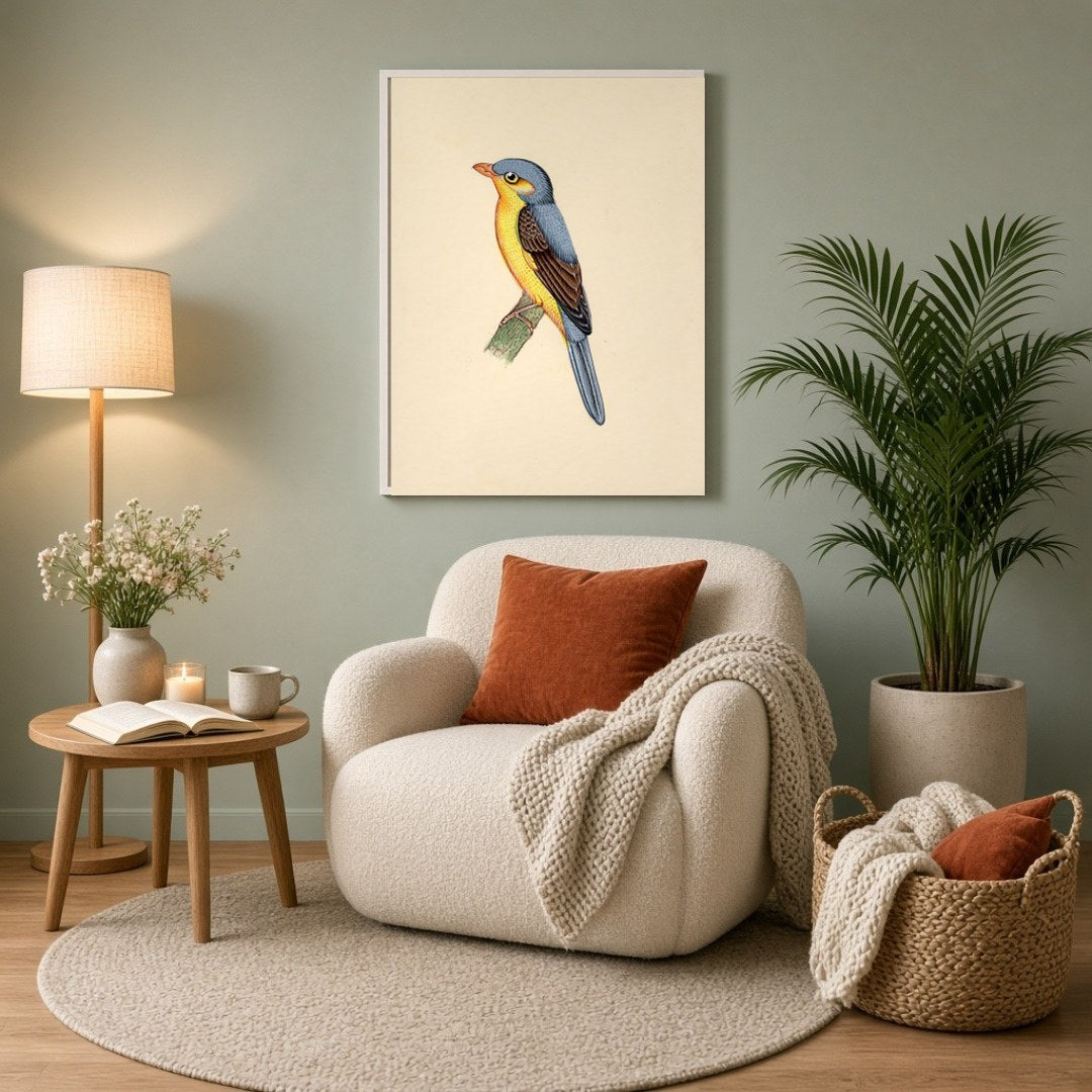 This exquisite art print captures the vivid beauty of Indian wildlife with a majestic bird perched for Reading Nook