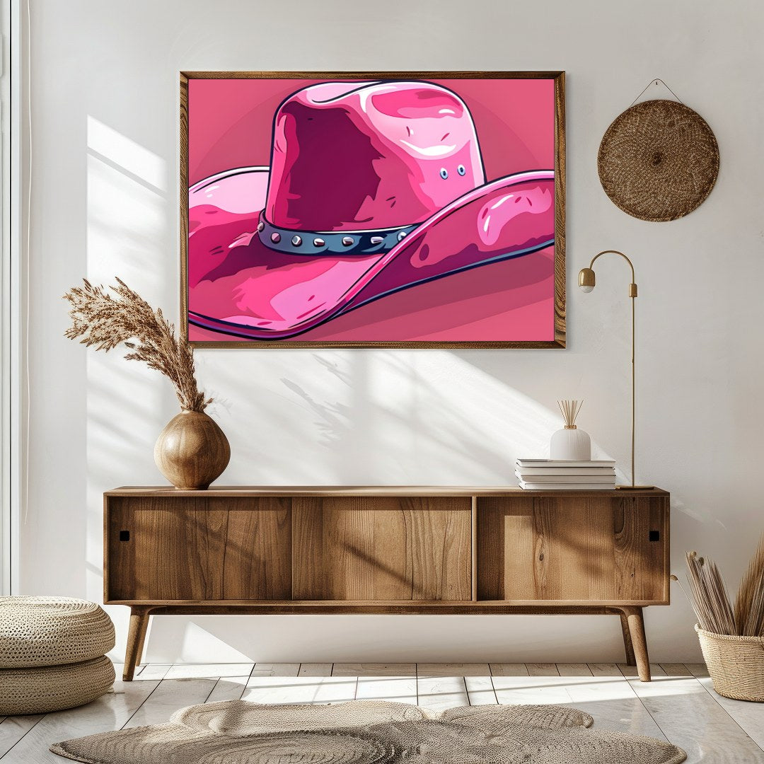 This captivating artwork features a stylish pink cowboy hat against a matching background, for Sitting Area