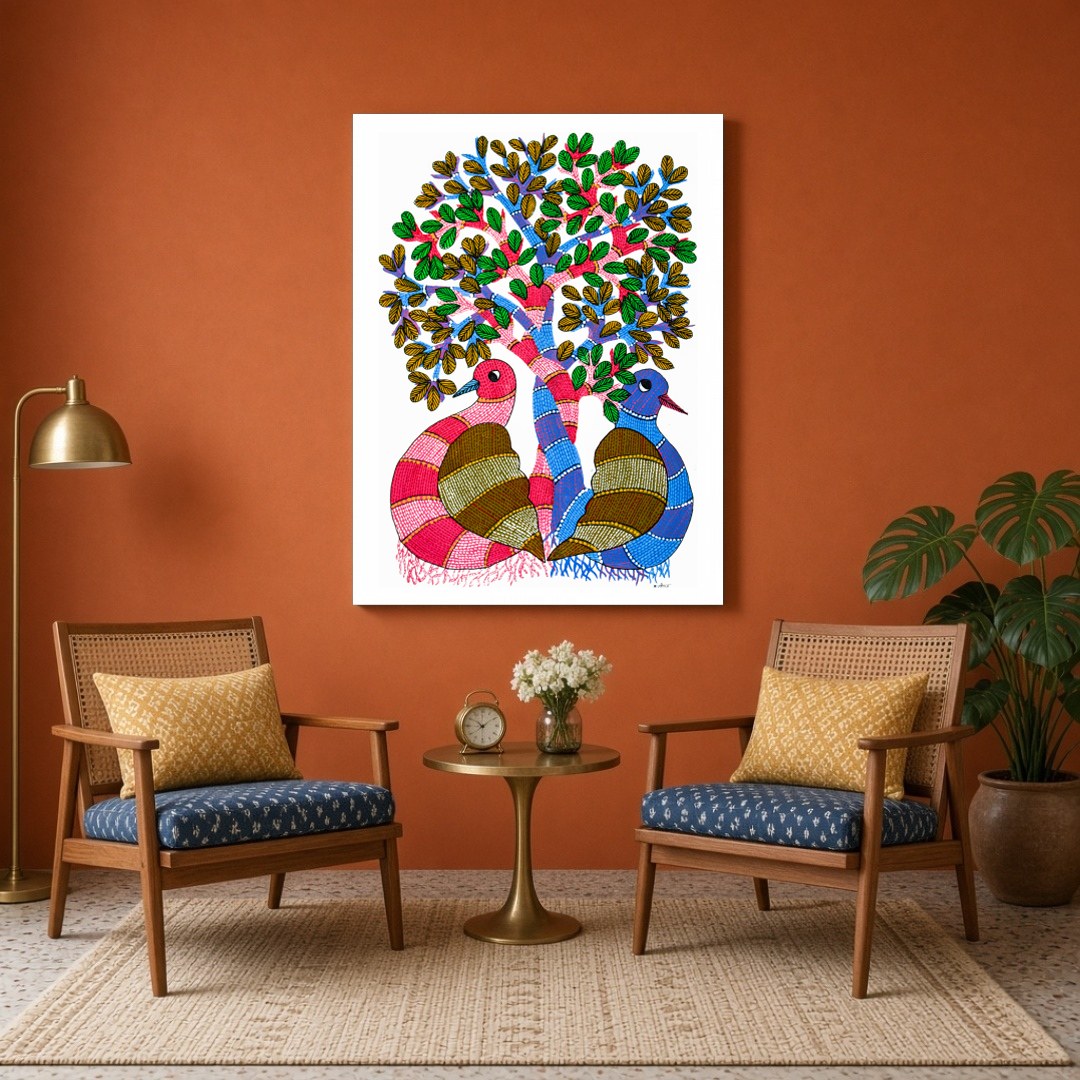 Immerse yourself in the enchanting world of Gond art with this vibrant depiction of the Tree of for Sitting Area