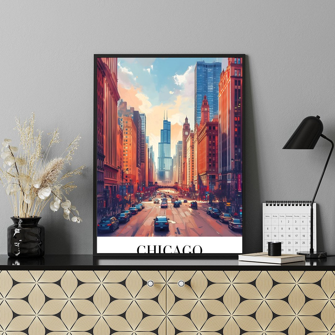 Immerse yourself in the bustling energy of Chicago with this stunning wall art. Featuring a vibrant for Shelf