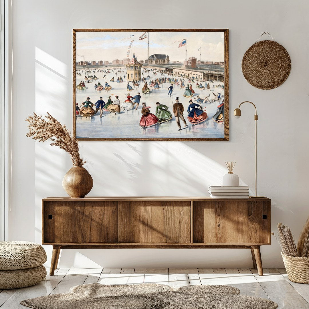 Step back in time with this captivating piece depicting a lively skating scene on a frozen pond. for Sitting Area