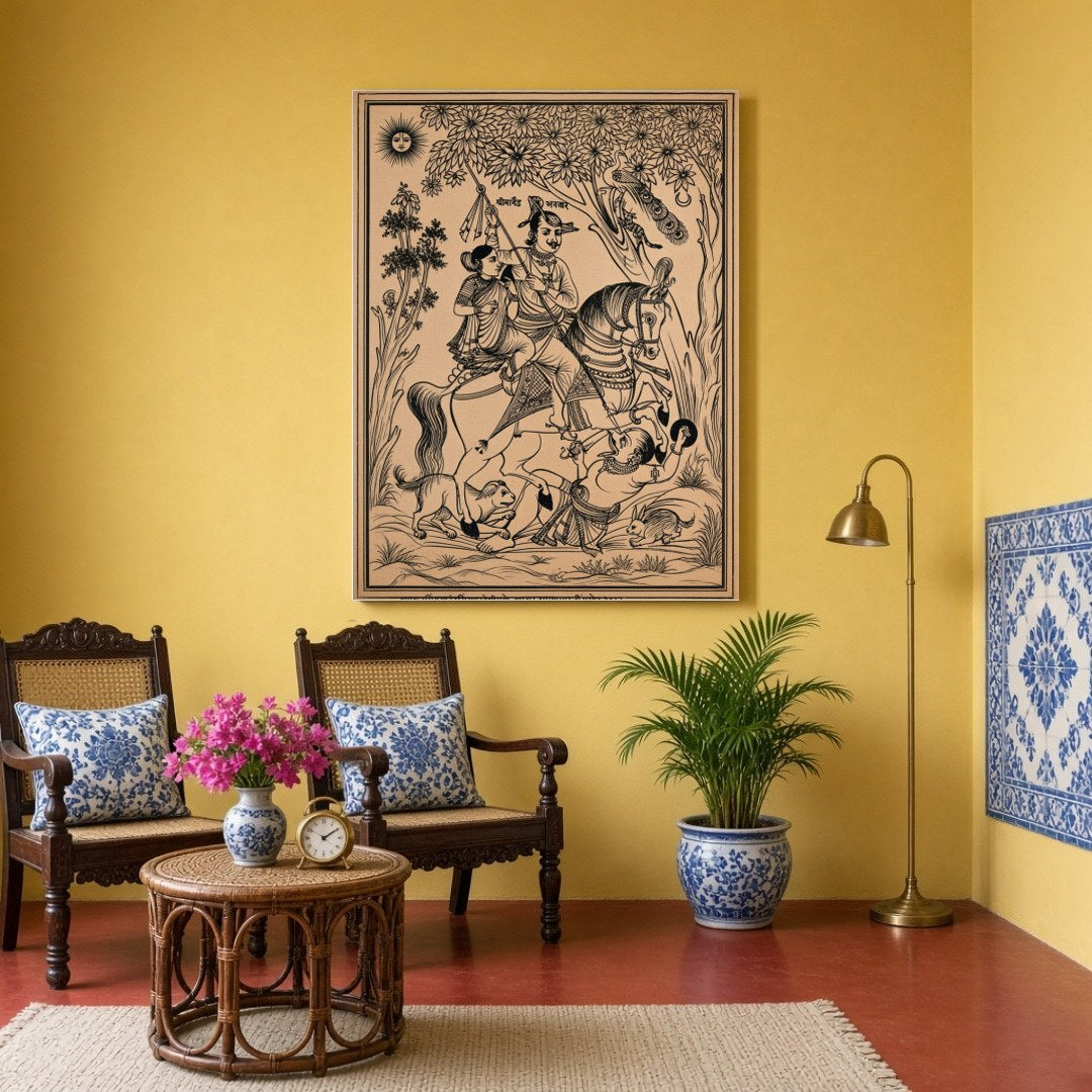 Immerse yourself in a scene of triumph and divine elegance with this exquisite Pichwai artwork for Sitting Area