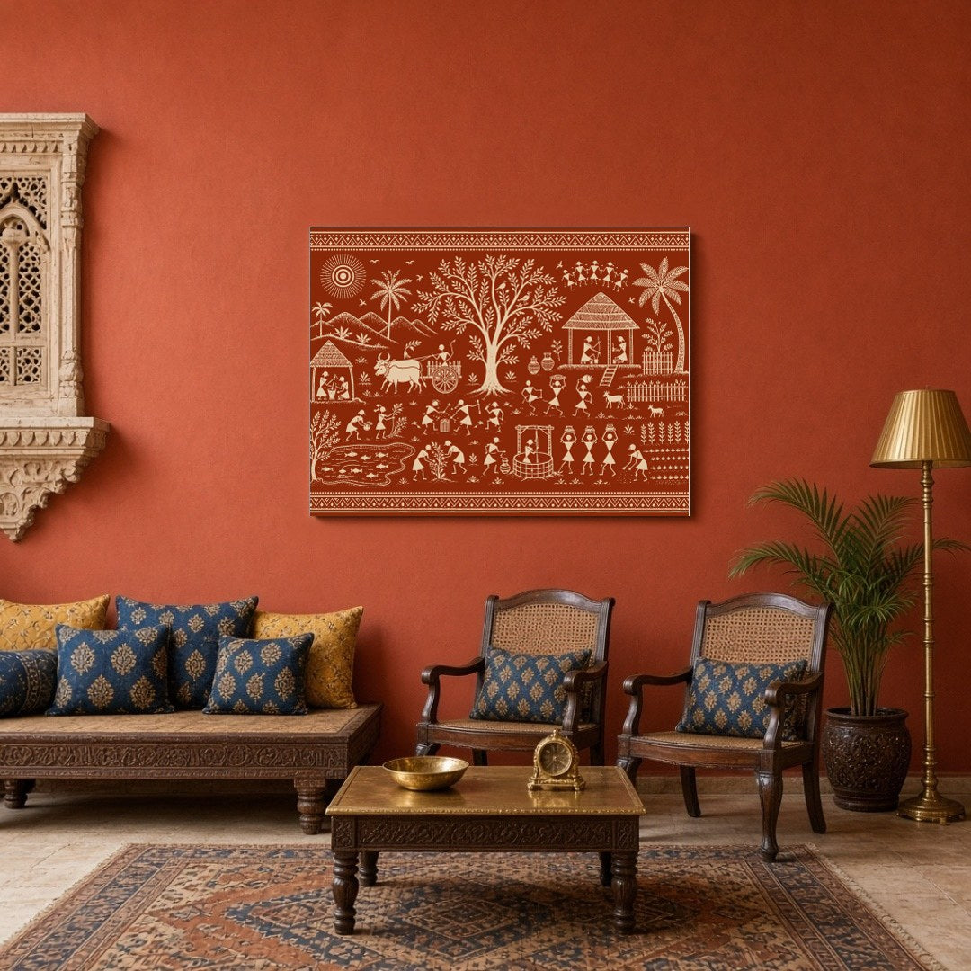 Immerse yourself in the rhythmic harmony of village life with this stunning Warli art piece. for Sitting Area