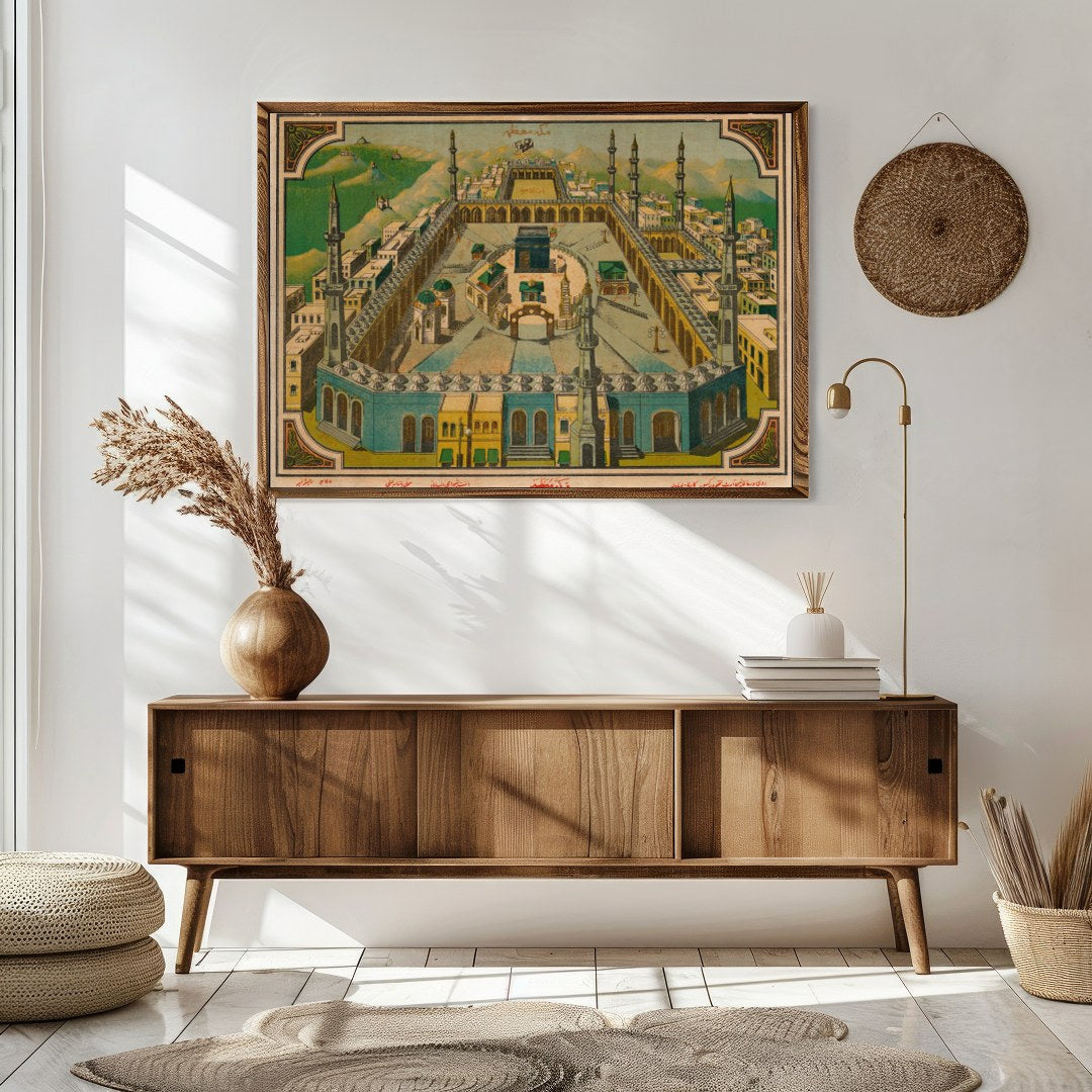 This captivating vintage artwork beautifully captures the essence of a sacred mosque set against a for Sitting Area