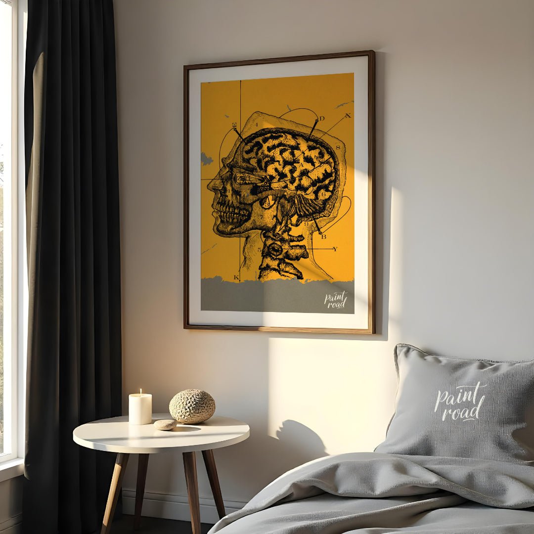 This intriguing image is a vintage anatomical illustration of the human brain and skull in profile,… for bedroom