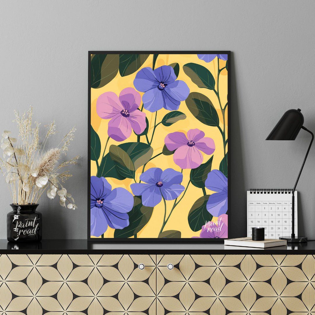 This vibrant digital pattern features a cascade of violet and lavender flowers with delicate petals… for office