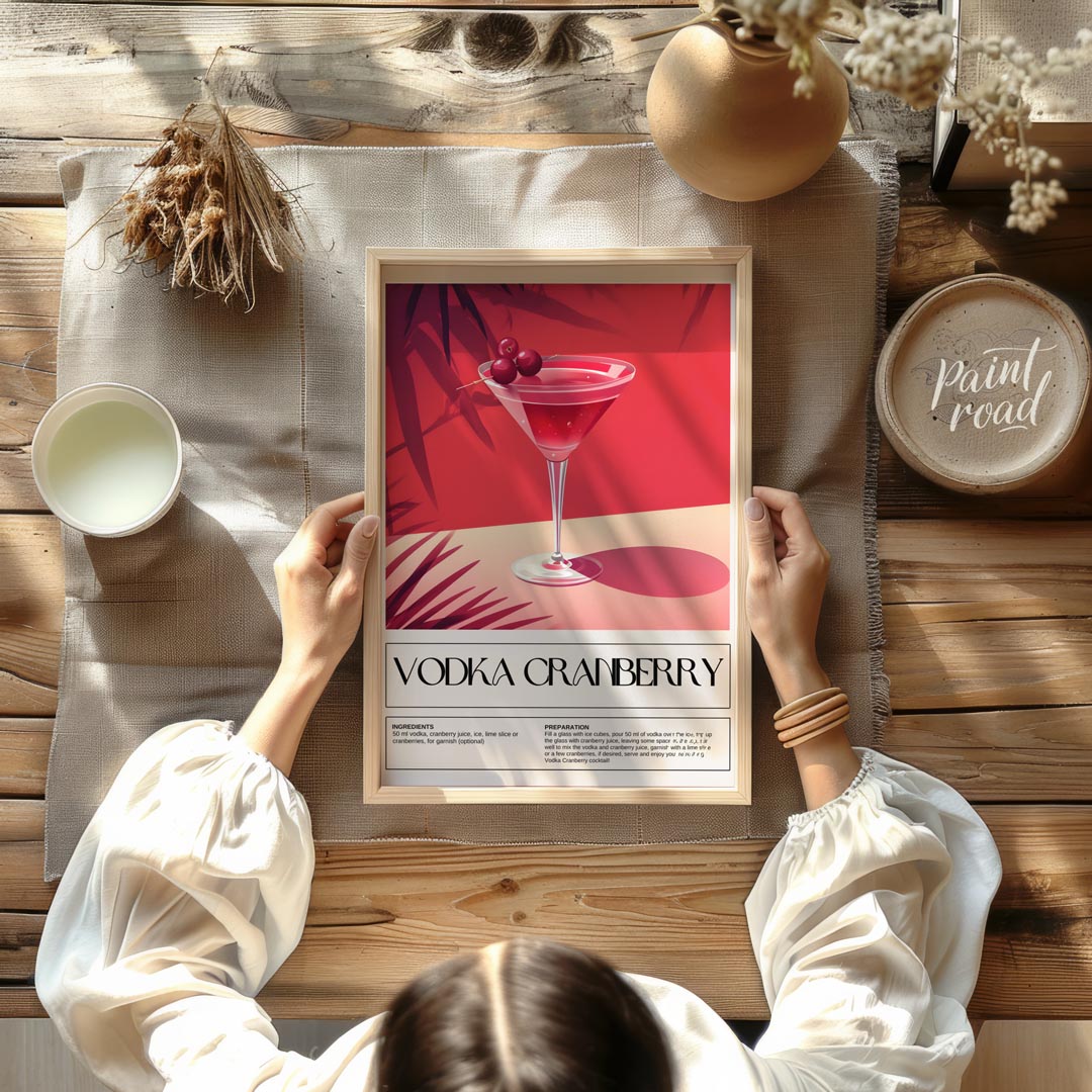 This striking poster features a classic Vodka Cranberry cocktail, beautifully rendered with a vibra… for dining room