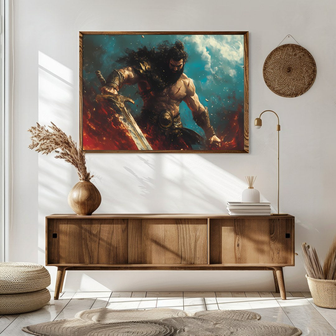 Dive into the world of fantasy with this striking artwork featuring a fierce warrior amidst a for Sitting Area