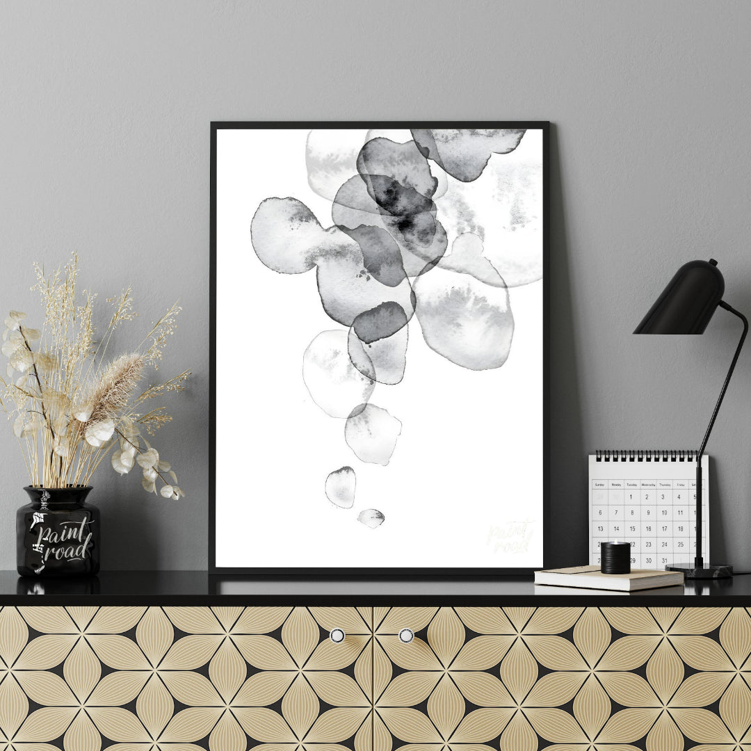 This artwork features a series of translucent, watercolor-like shapes cascading down a light backgr… for office