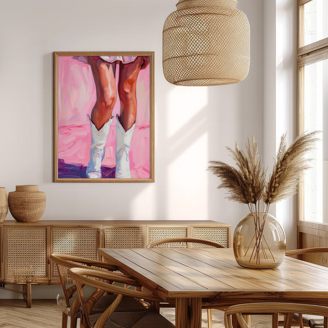 This captivating artwork features a playful yet elegant depiction of a figure in white boots set for Extra Kitchen