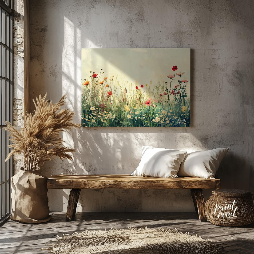 This delicate digital painting captures a serene meadow filled with wildflowers against a soft, mut… for entryway