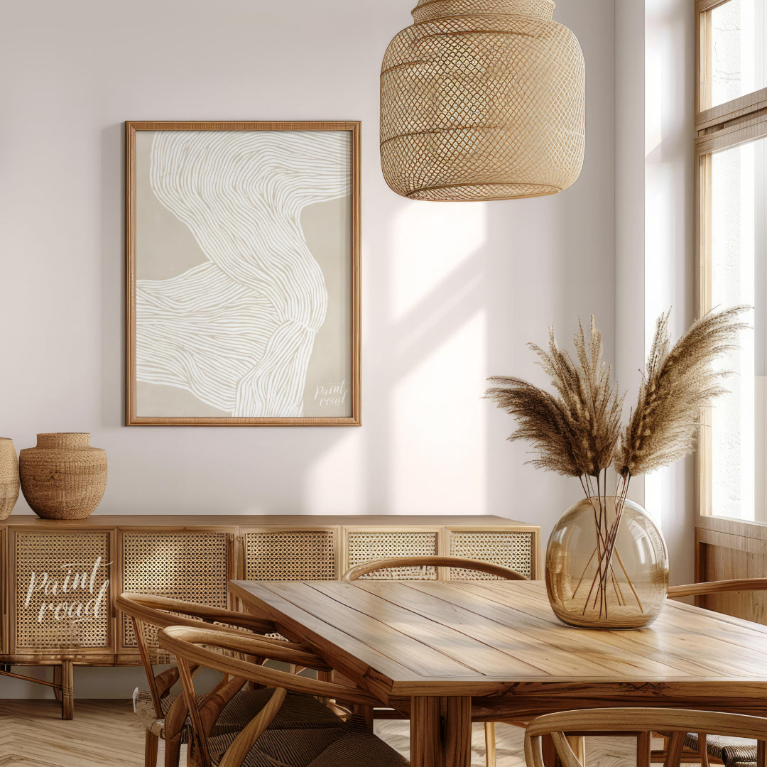 """Whisper Lines"" presents an abstract composition of delicate, flowing lines against a soft, neut… for dining room