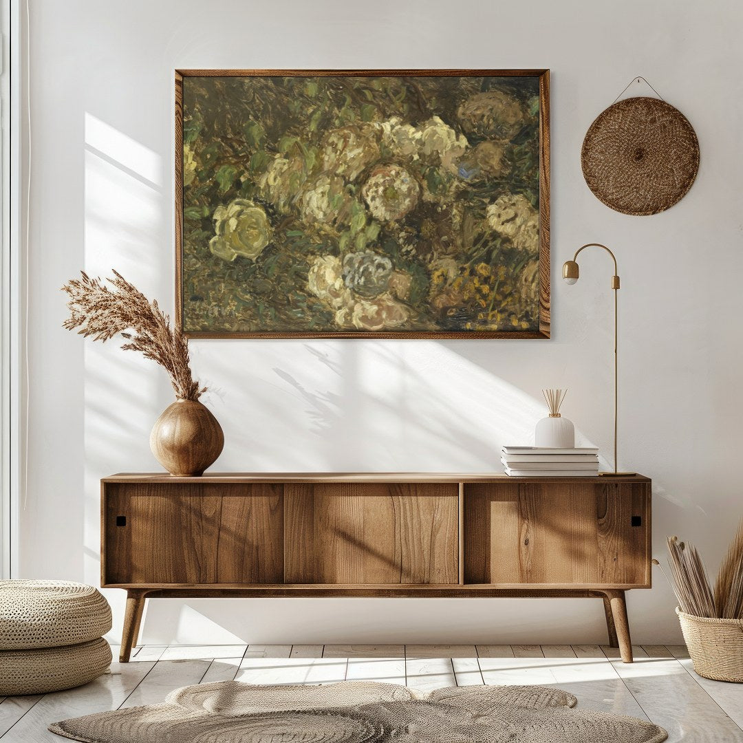 Immerse yourself in the serene beauty of 'Whispering Blooms in Earth Tones', a captivating fine art for Sitting Area