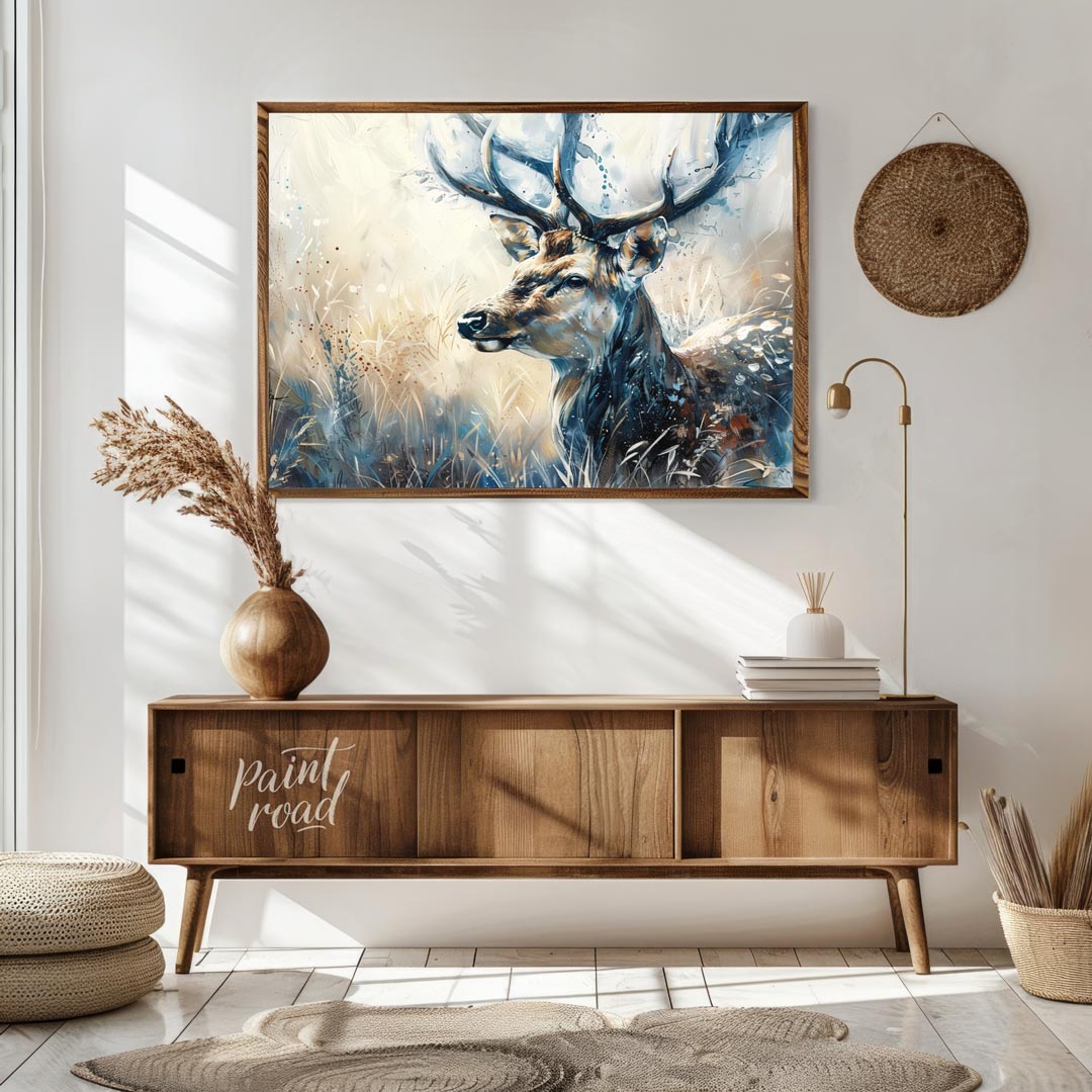 This captivating artwork features a majestic stag, rendered in a beautiful blend of watercolor and … for living room